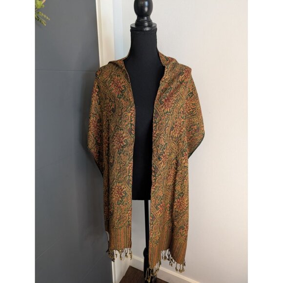 Vintage Green & Orange Floral Paisley Cashmere Blend Pashmina Shawl Scarf Wrap - Picture 1 of 5